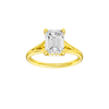 Emerald-cut diamond engagement ring with a plain band and hidden-halo setting.