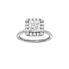 Princess-cut diamond engagement ring with a pavé-set diamond band and halo setting.