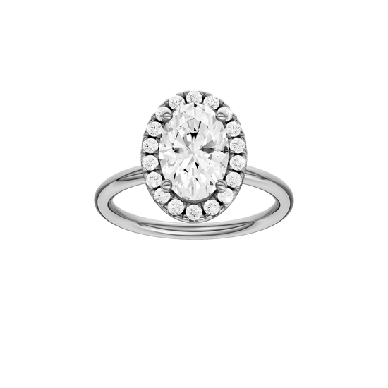 Oval-cut diamond engagement ring with a plain band and halo setting.
