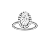 Oval-cut diamond engagement ring with a plain band and halo setting.