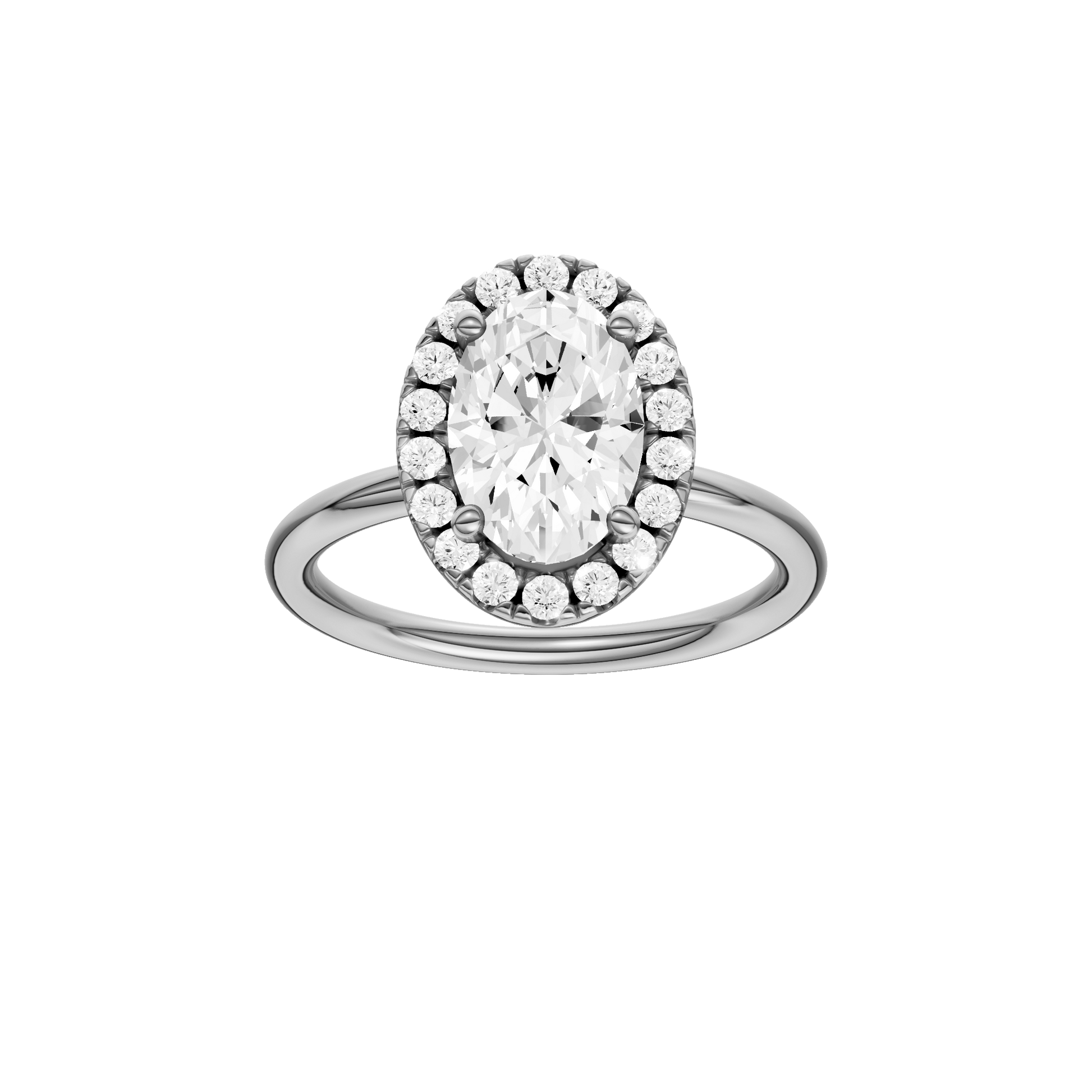 Oval-cut diamond engagement ring with a plain band and halo setting.