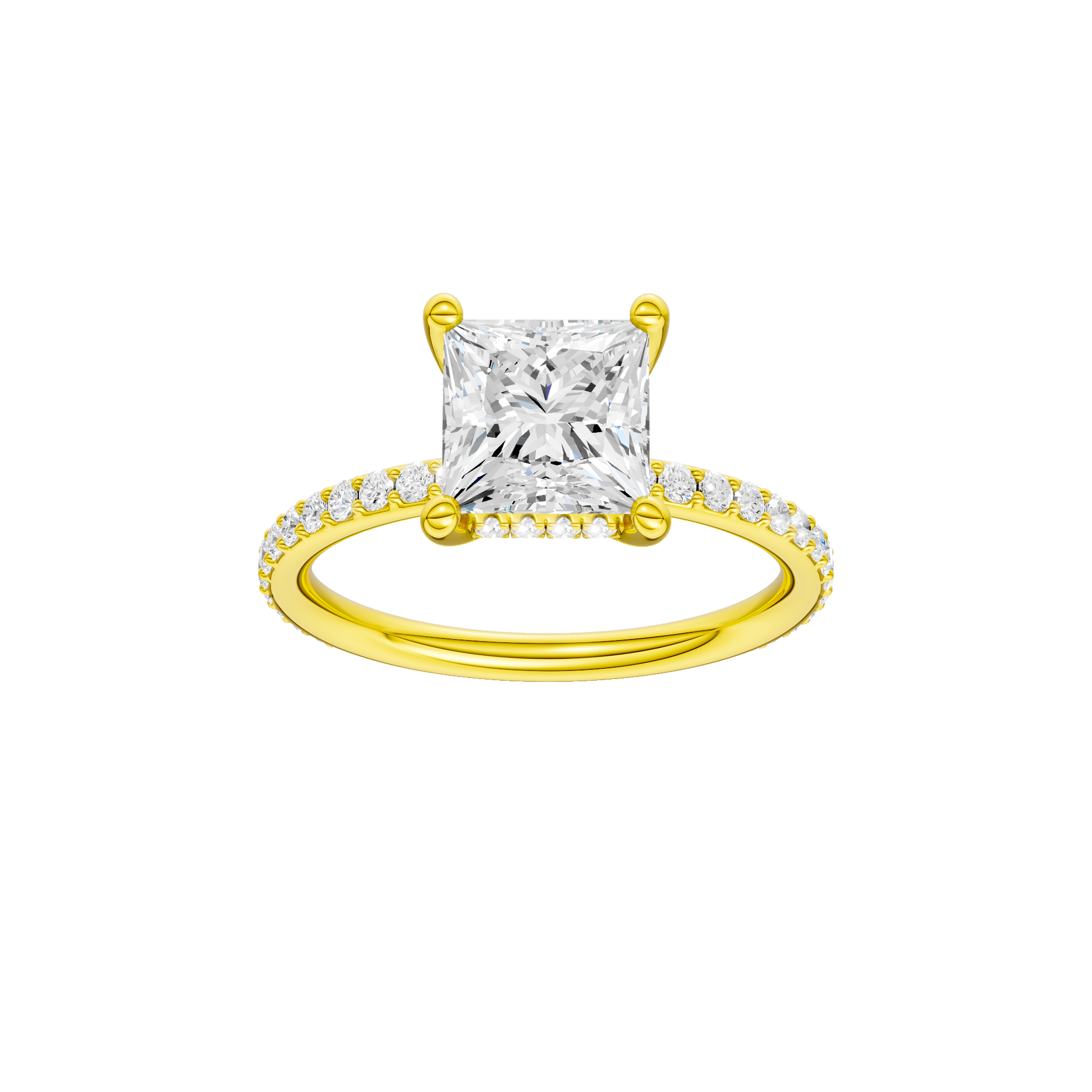 Princess-cut diamond engagement ring with a prong-set diamond band and hidden-halo setting.