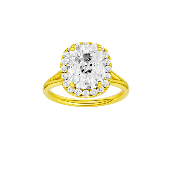 Elongated cushion-cut diamond engagement ring with a plain band and halo setting.