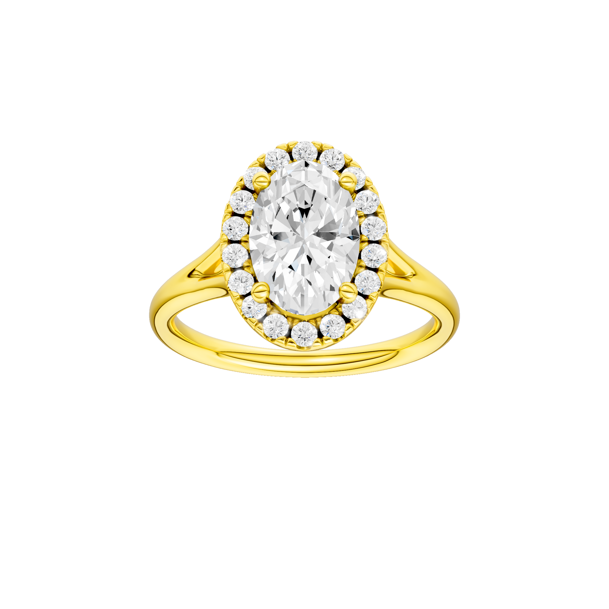 Oval-cut diamond engagement ring with a plain band and halo setting.