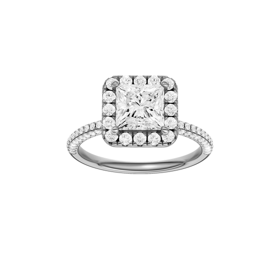 Princess-cut diamond engagement ring with a pavé-set diamond band and halo setting.