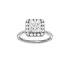 Princess-cut diamond engagement ring with a pavé-set diamond band and halo setting.