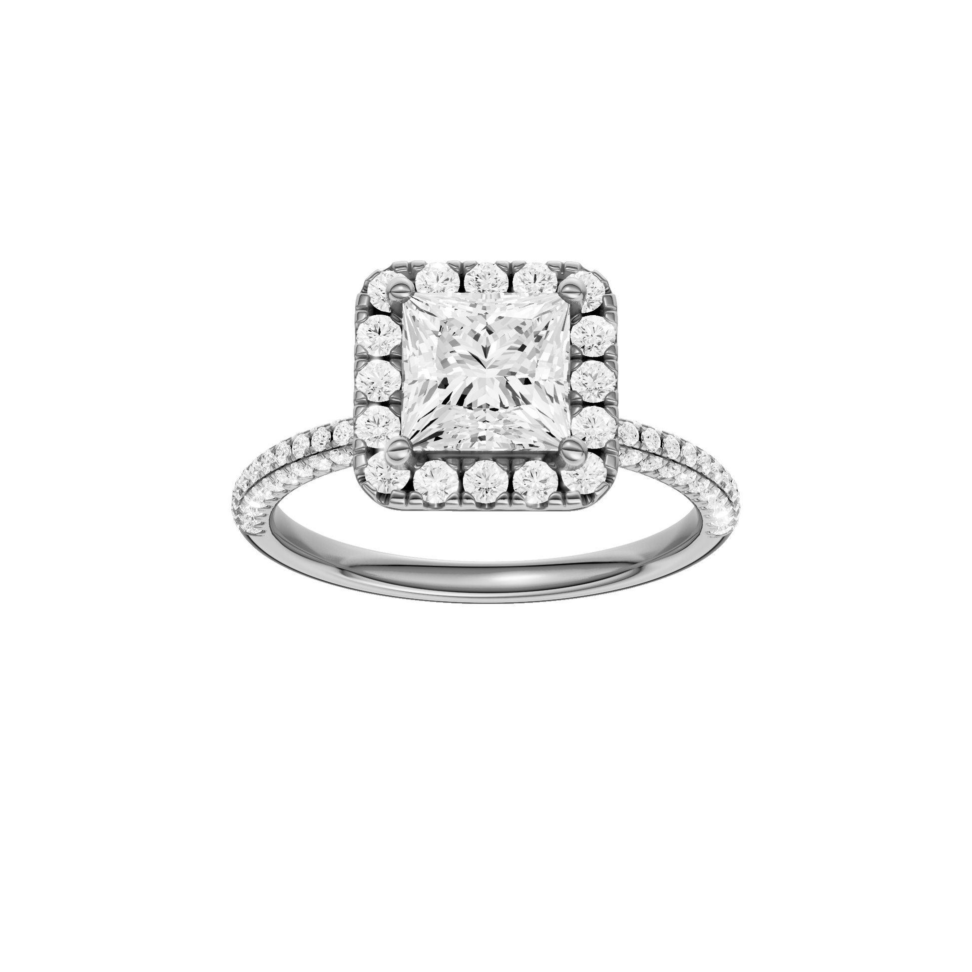 Princess-cut diamond engagement ring with a pavé-set diamond band and halo setting.