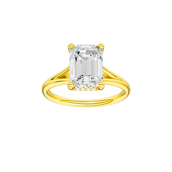 Emerald-cut diamond engagement ring with a plain band and hidden-halo setting.