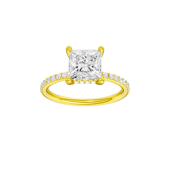 Princess-cut diamond engagement ring with a prong-set diamond band and hidden-halo setting.