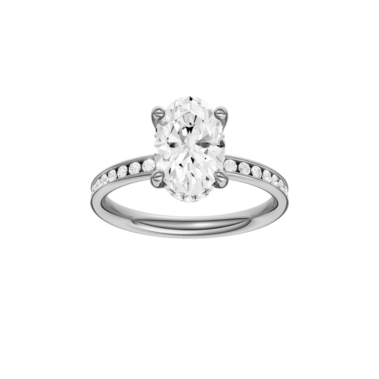 Oval-cut diamond engagement ring with a channel-set diamond band and hidden-halo setting.