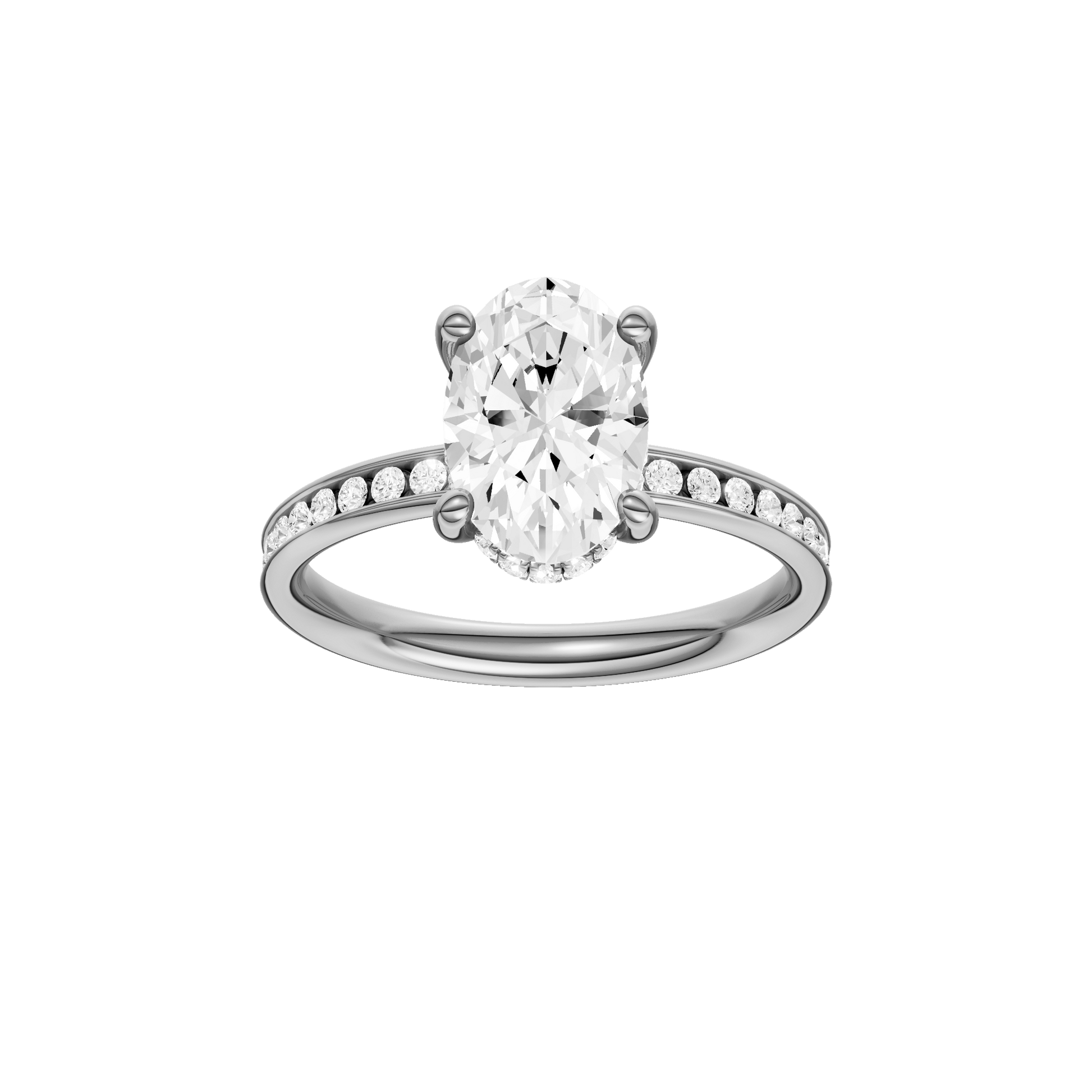 Oval-cut diamond engagement ring with a channel-set diamond band and hidden-halo setting.