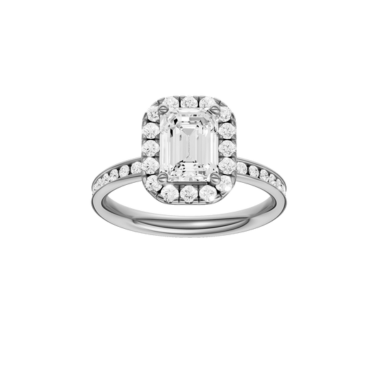 Emerald-cut diamond engagement ring with a channel-set diamond band and halo setting.