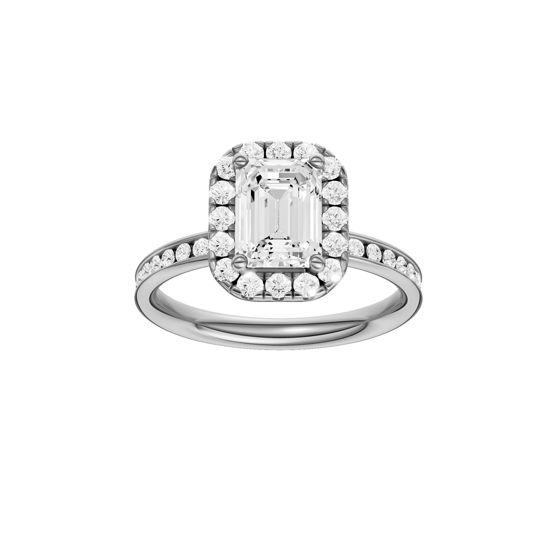 Emerald-cut diamond engagement ring with a channel-set diamond band and halo setting.