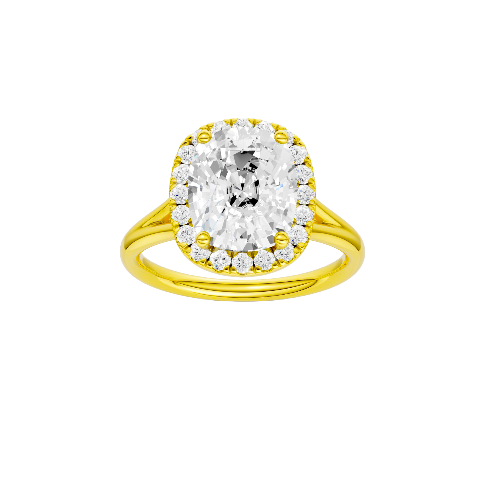 Elongated cushion-cut diamond engagement ring with a plain band and halo setting.