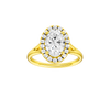 Oval-cut diamond engagement ring with a plain band and halo setting.