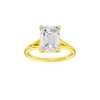 Emerald-cut diamond engagement ring with a plain band and hidden-halo setting.