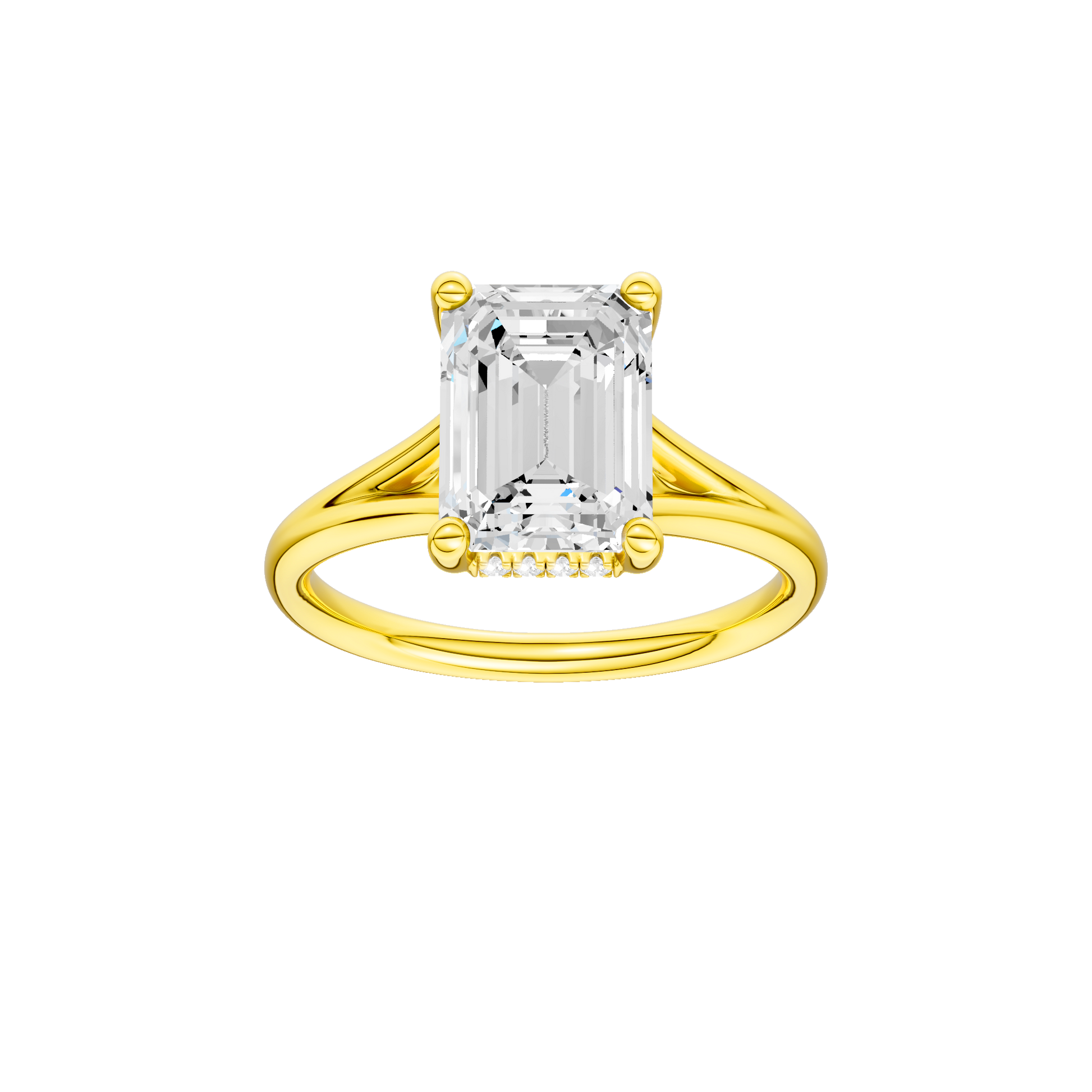 Emerald-cut diamond engagement ring with a plain band and hidden-halo setting.