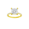 Princess-cut diamond engagement ring with a prong-set diamond band and hidden-halo setting.