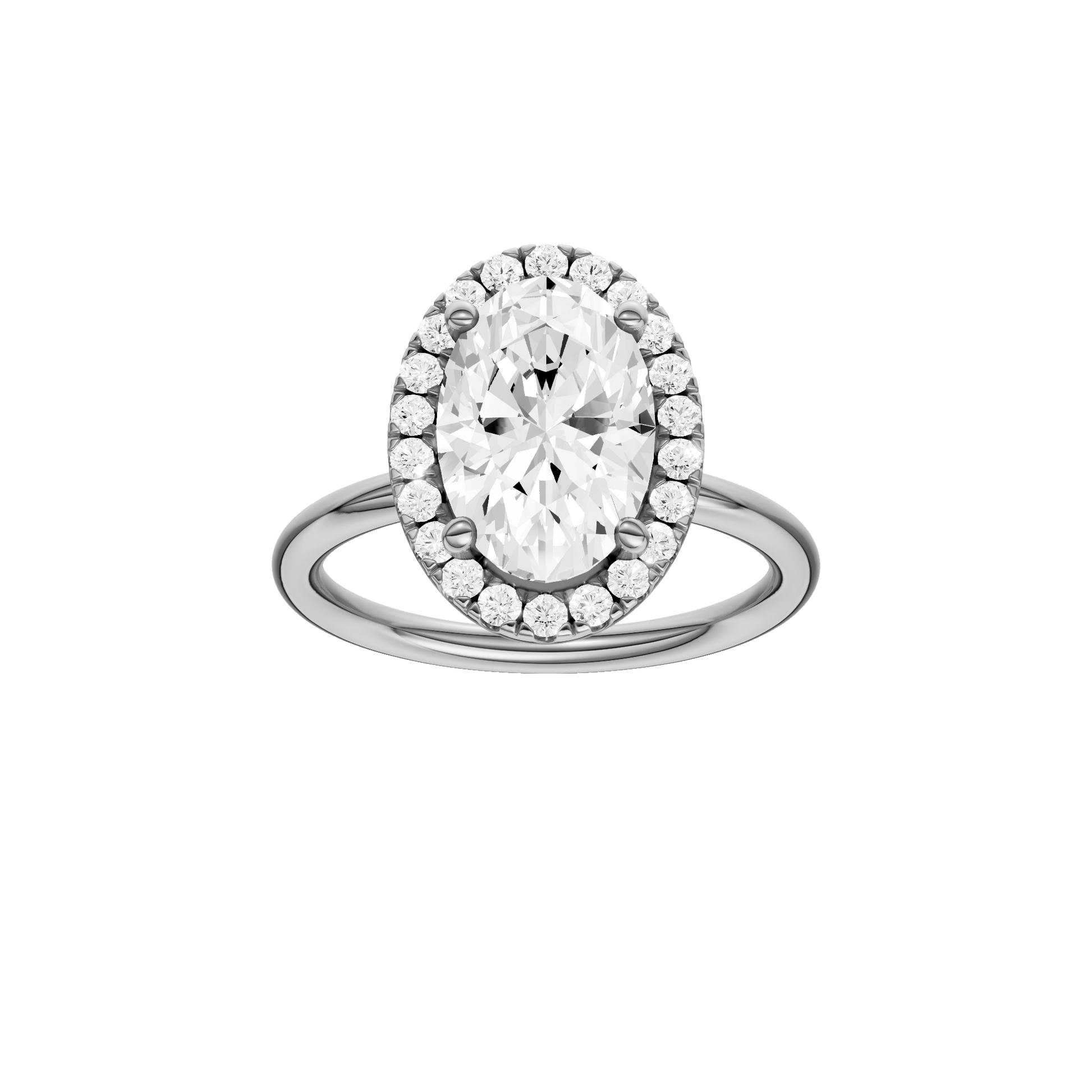 Oval-cut diamond engagement ring with a plain band and halo setting.