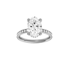 Oval-cut diamond engagement ring with a channel-set diamond band and hidden-halo setting.