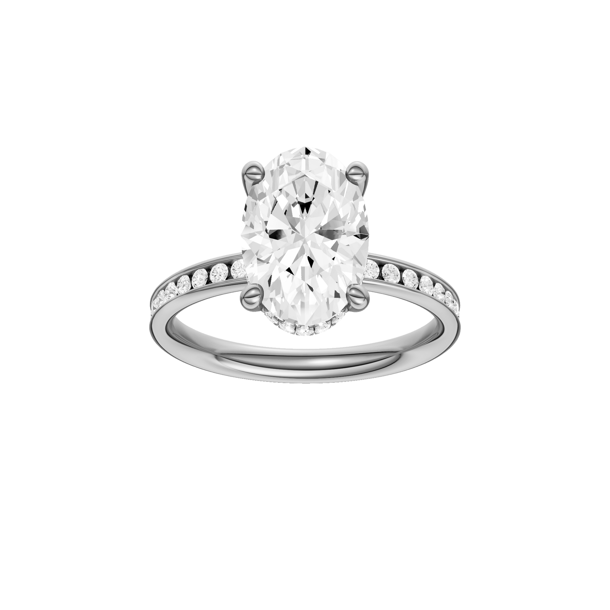 Oval-cut diamond engagement ring with a channel-set diamond band and hidden-halo setting.