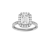 Emerald-cut diamond engagement ring with a channel-set diamond band and halo setting.