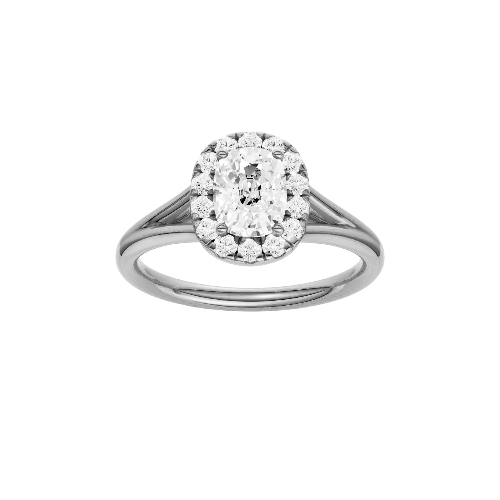 Elongated cushion-cut diamond engagement ring with a plain band and halo setting.
