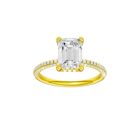 Emerald-cut diamond engagement ring with a pavé-set diamond band and hidden-halo setting.