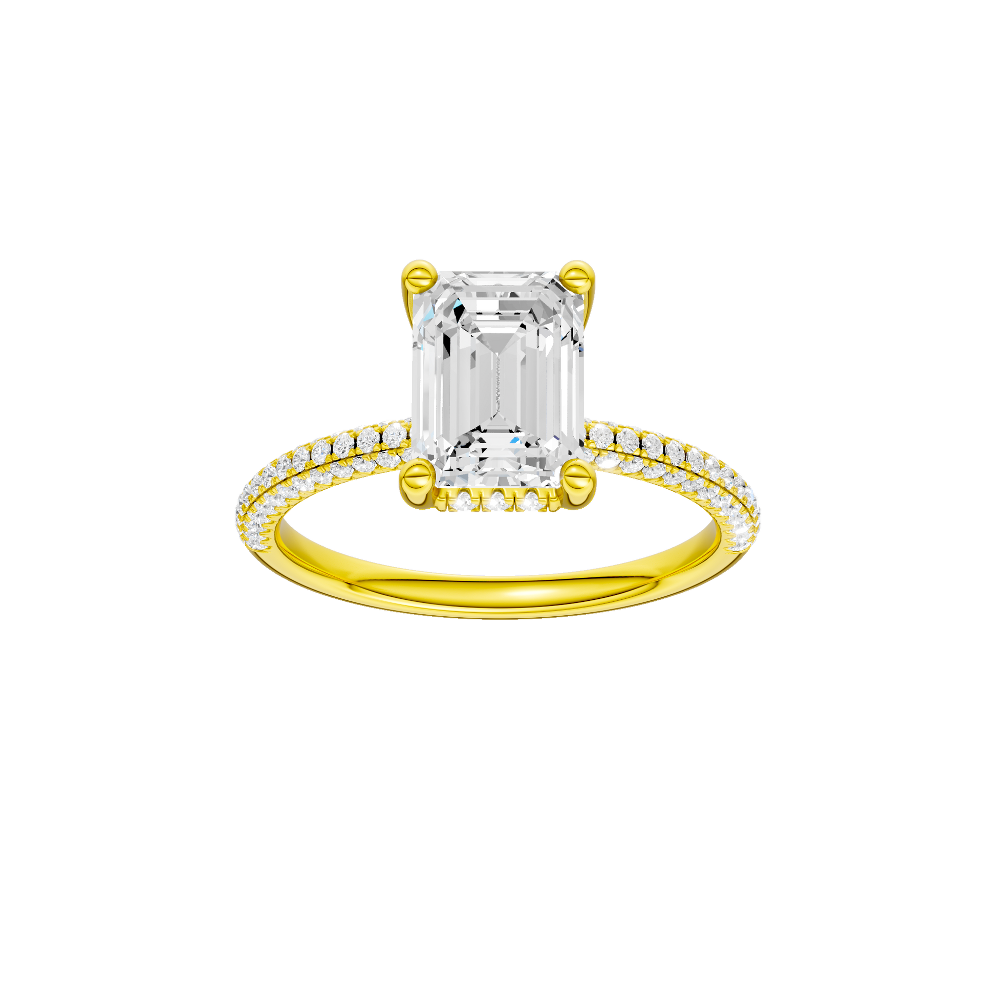 Emerald-cut diamond engagement ring with a pavé-set diamond band and hidden-halo setting.
