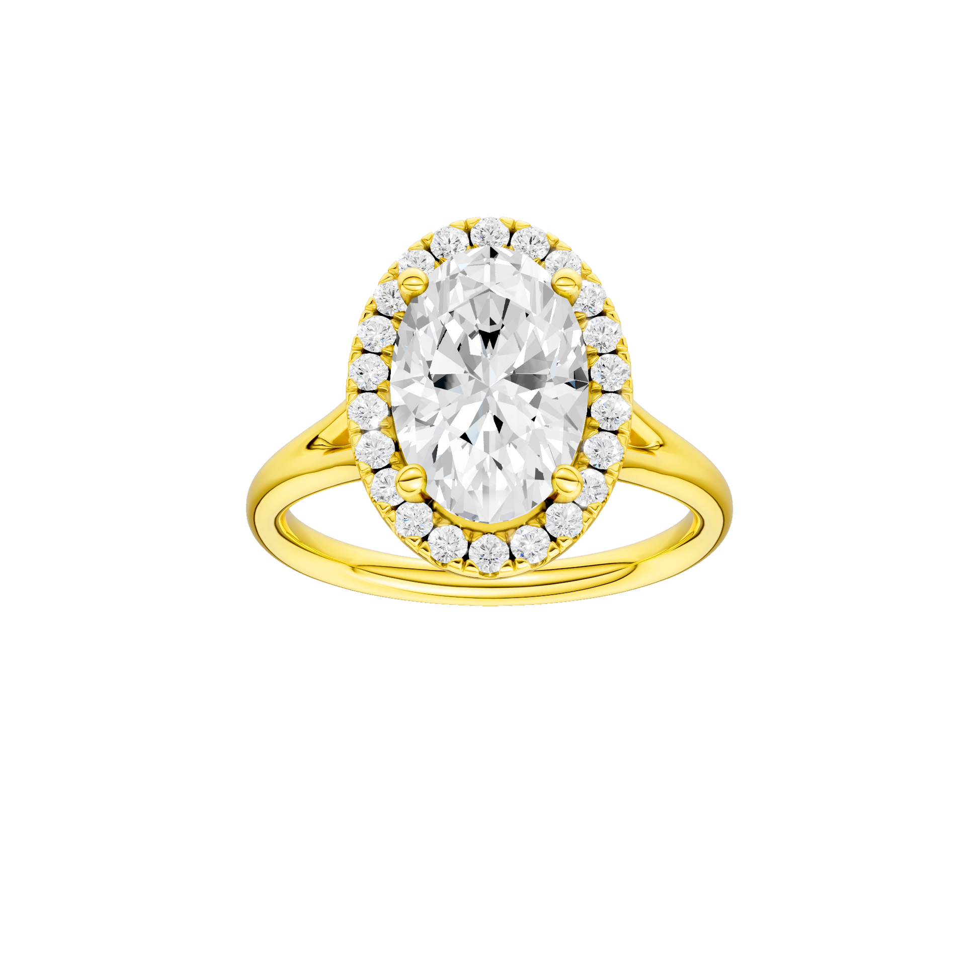 Oval-cut diamond engagement ring with a plain band and halo setting.
