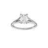 Emerald-cut diamond engagement ring with a plain band and hidden-halo setting.