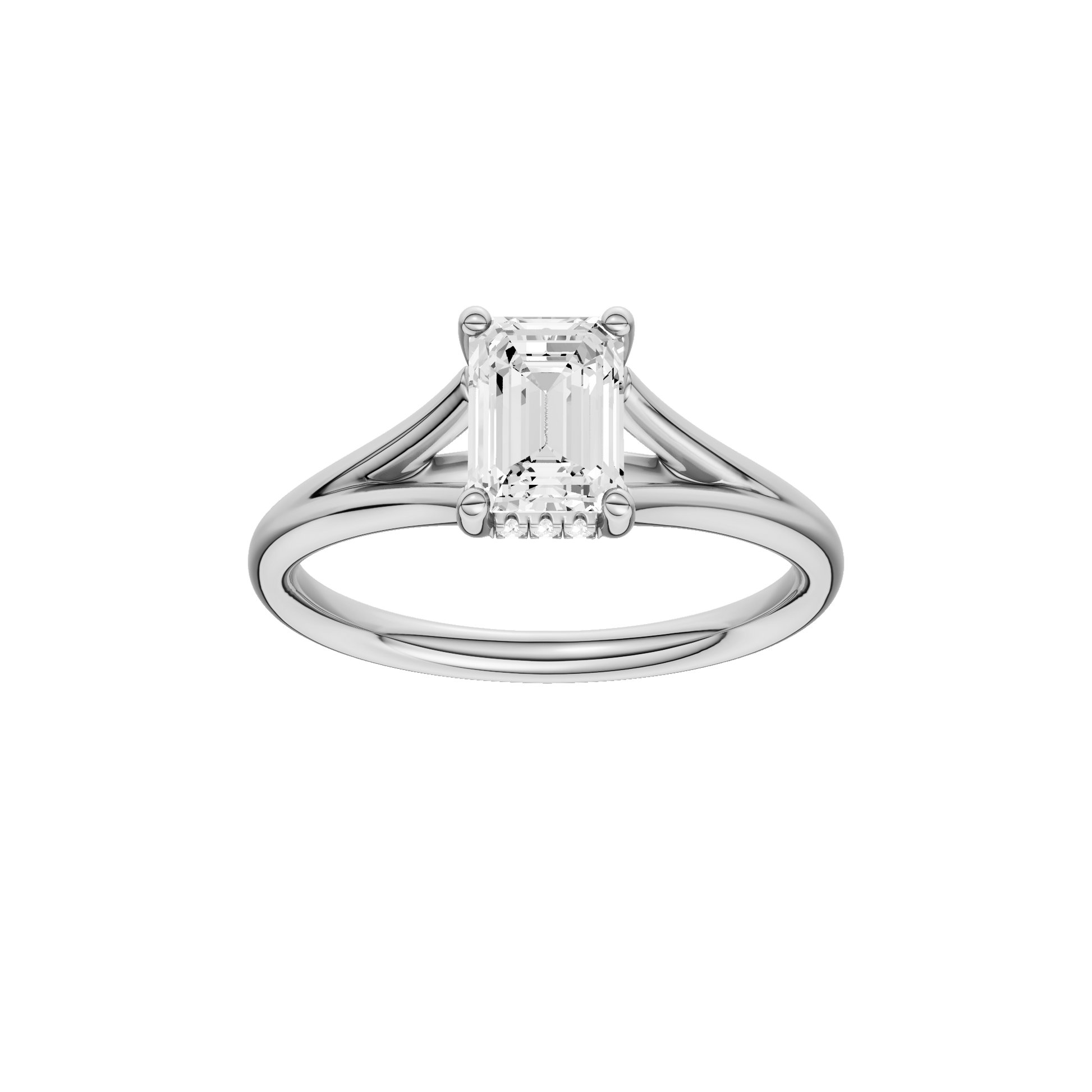 Emerald-cut diamond engagement ring with a plain band and hidden-halo setting.