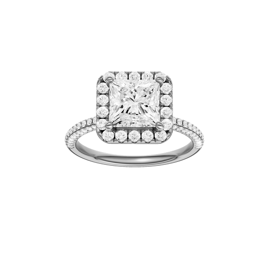 Princess-cut diamond engagement ring with a pavé-set diamond band and halo setting.