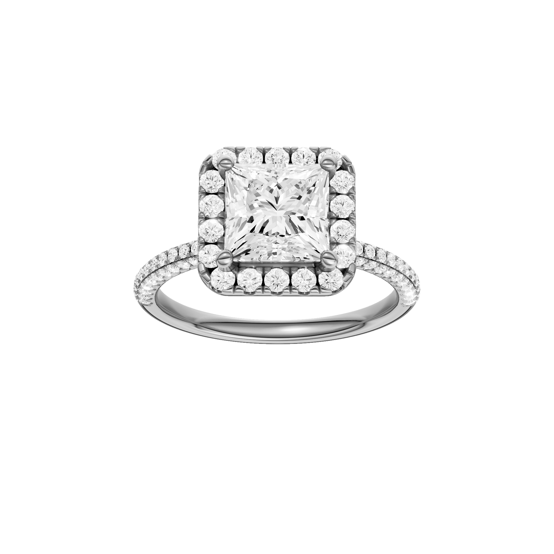 Princess-cut diamond engagement ring with a pavé-set diamond band and halo setting.