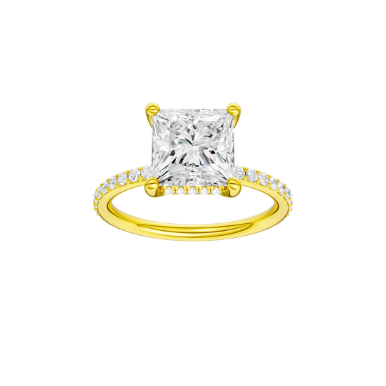 Princess-cut diamond engagement ring with a prong-set diamond band and hidden-halo setting.