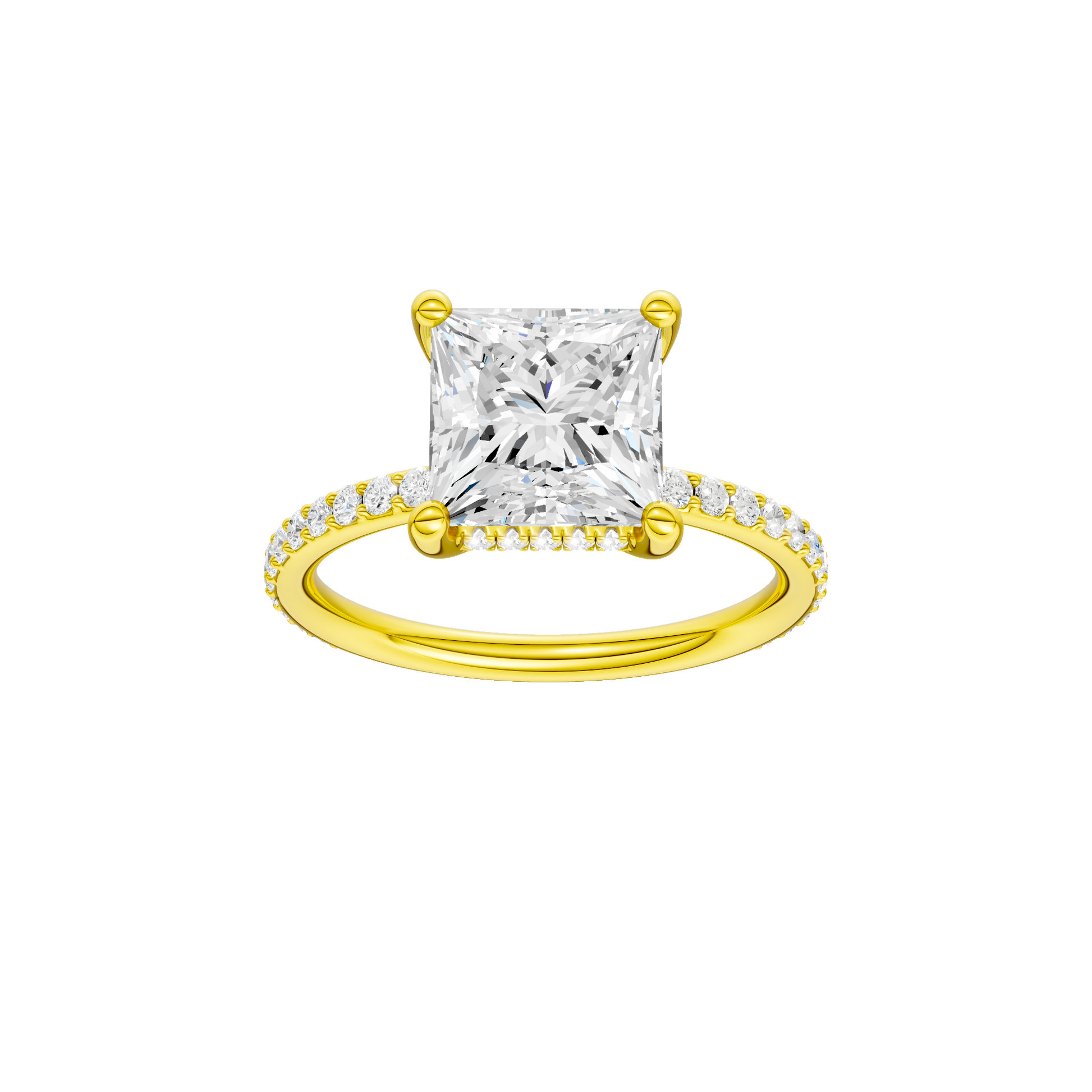 Princess-cut diamond engagement ring with a prong-set diamond band and hidden-halo setting.