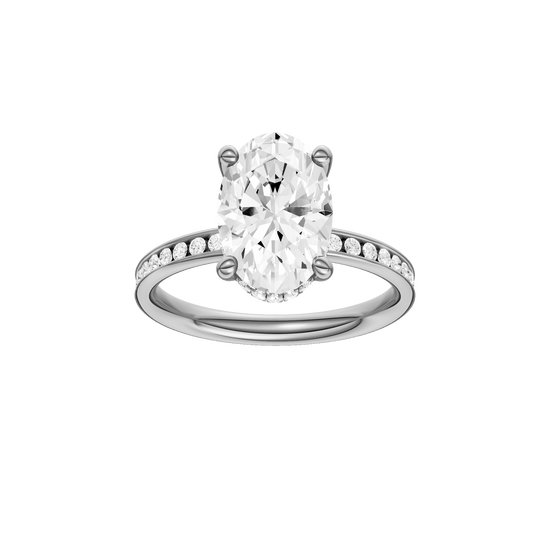 Oval-cut diamond engagement ring with a channel-set diamond band and hidden-halo setting.