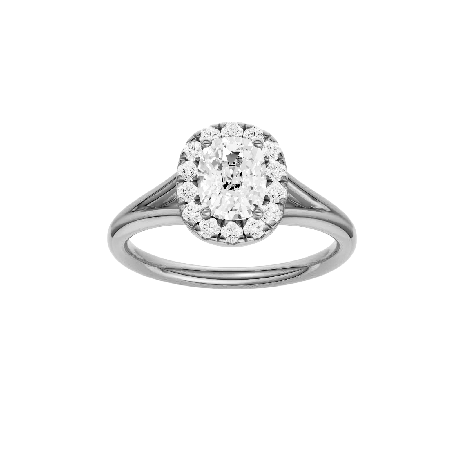 Elongated cushion-cut diamond engagement ring with a plain band and halo setting.