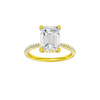 Emerald-cut diamond engagement ring with a pavé-set diamond band and hidden-halo setting.