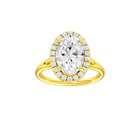 Oval-cut diamond engagement ring with a plain band and halo setting.