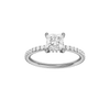 Princess-cut diamond engagement ring with a prong-set diamond band and hidden-halo setting.