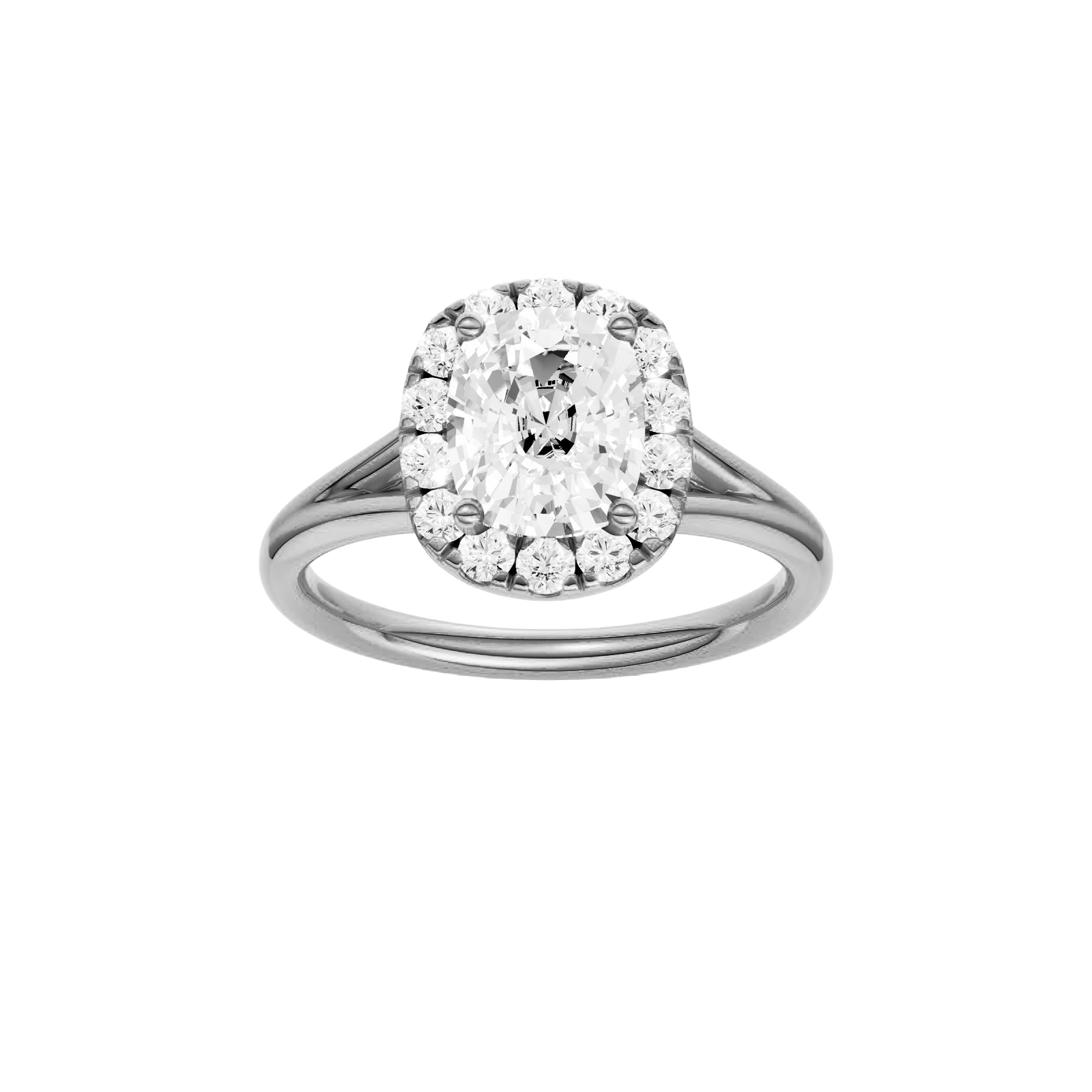 Elongated cushion-cut diamond engagement ring with a plain band and halo setting.
