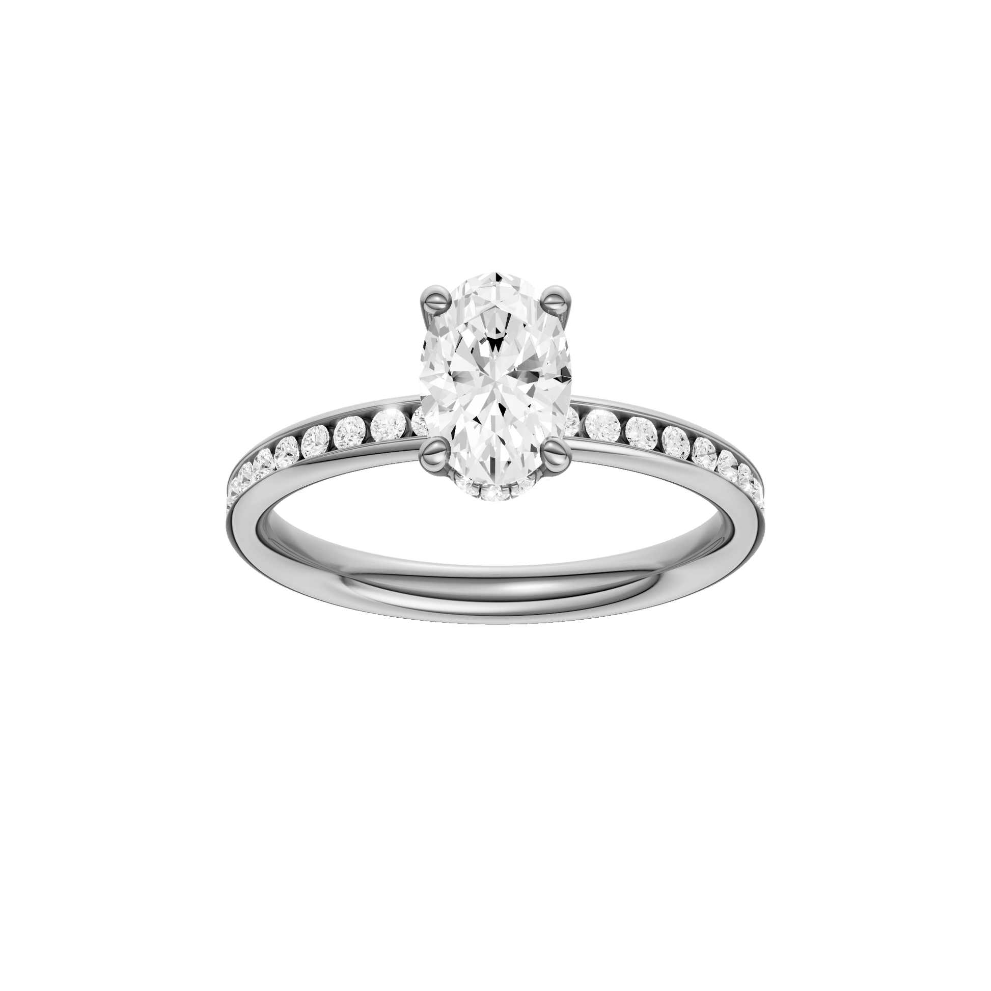 Oval-cut diamond engagement ring with a channel-set diamond band and hidden-halo setting.