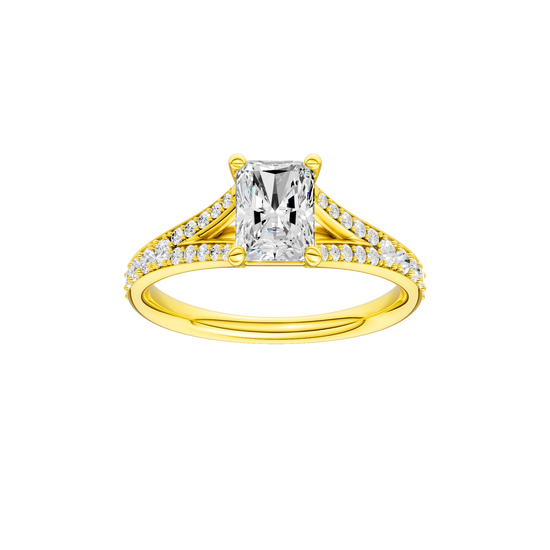 Radiant-cut diamond engagement ring with a channel-set diamond band and solitaire setting.