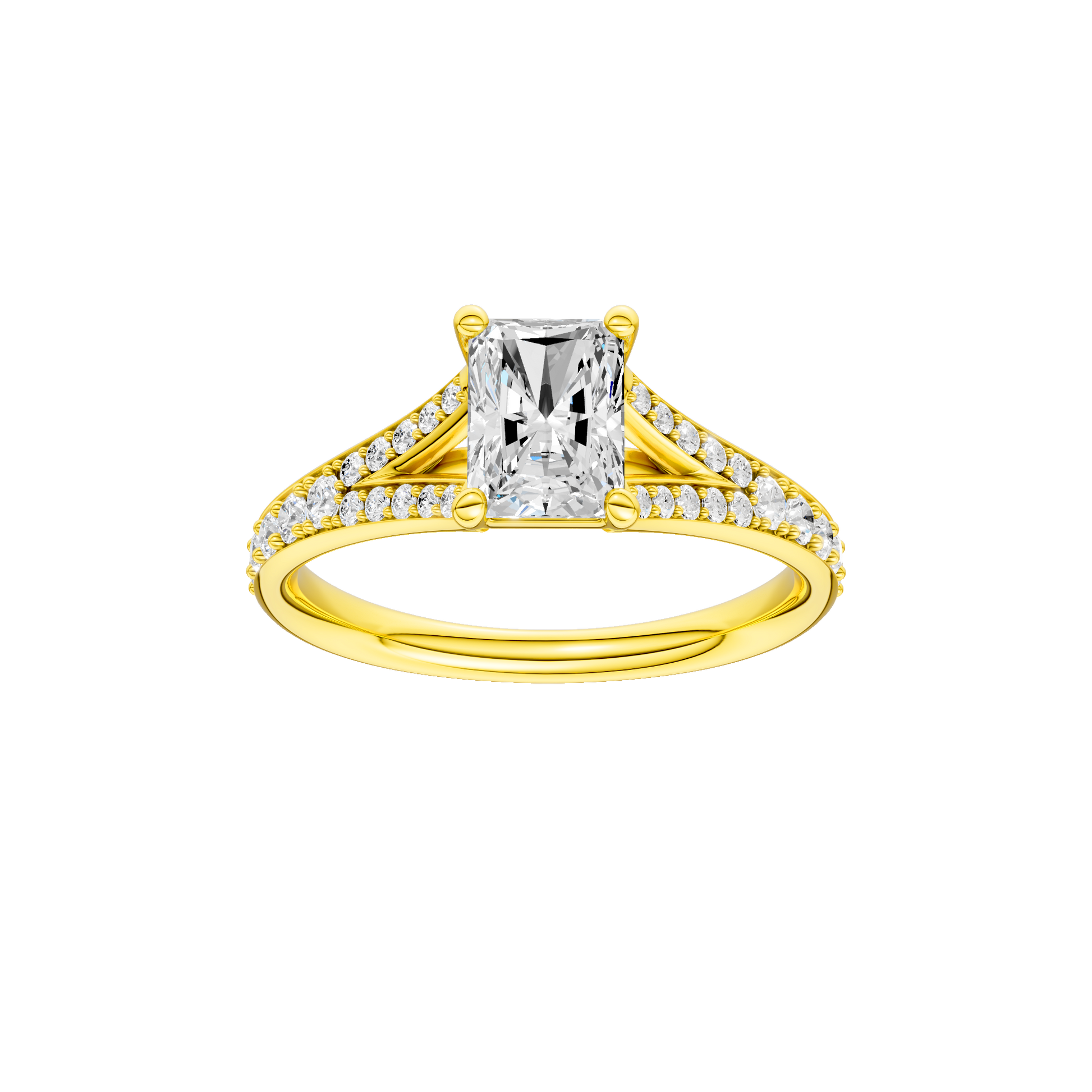 Radiant-cut diamond engagement ring with a channel-set diamond band and solitaire setting.