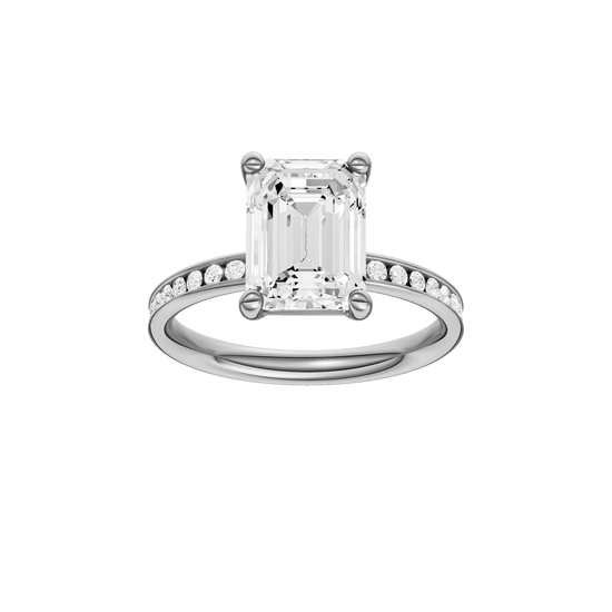 Emerald-cut diamond engagement ring with a channel-set diamond band and solitaire setting.