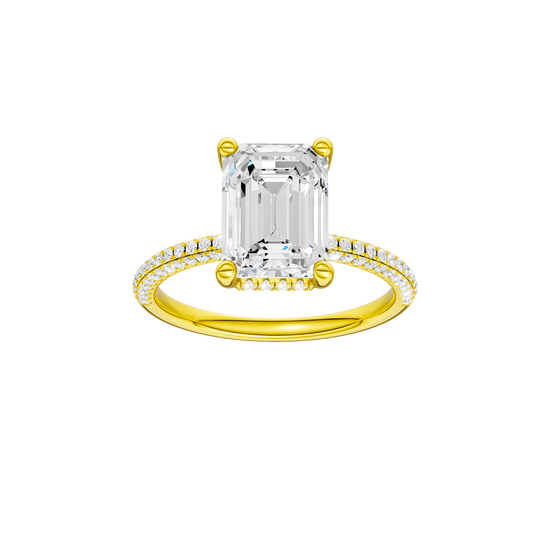 Emerald-cut diamond engagement ring with a pavé-set diamond band and hidden-halo setting.