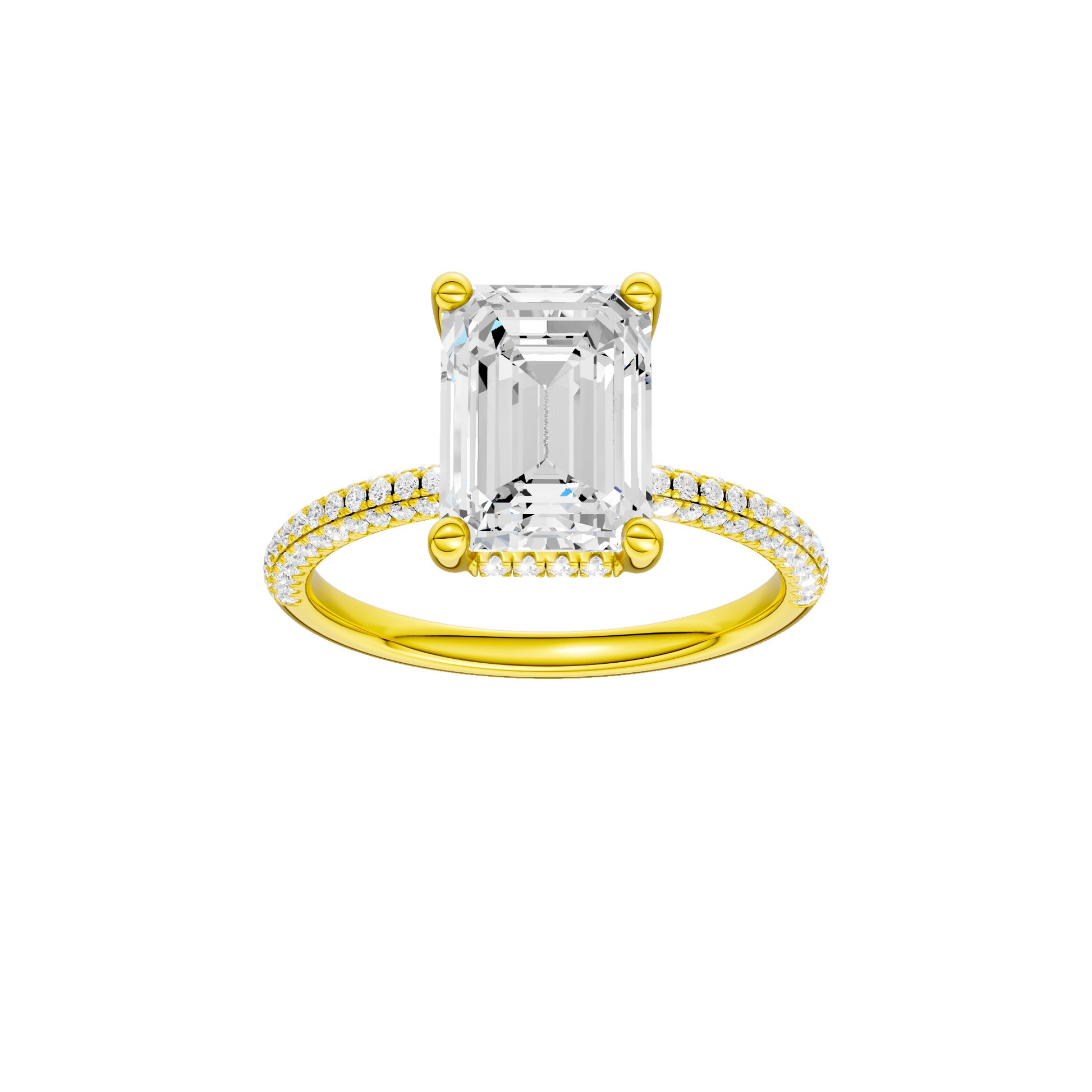 Emerald-cut diamond engagement ring with a pavé-set diamond band and hidden-halo setting.