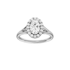 Oval-cut diamond engagement ring with a plain band and halo setting.