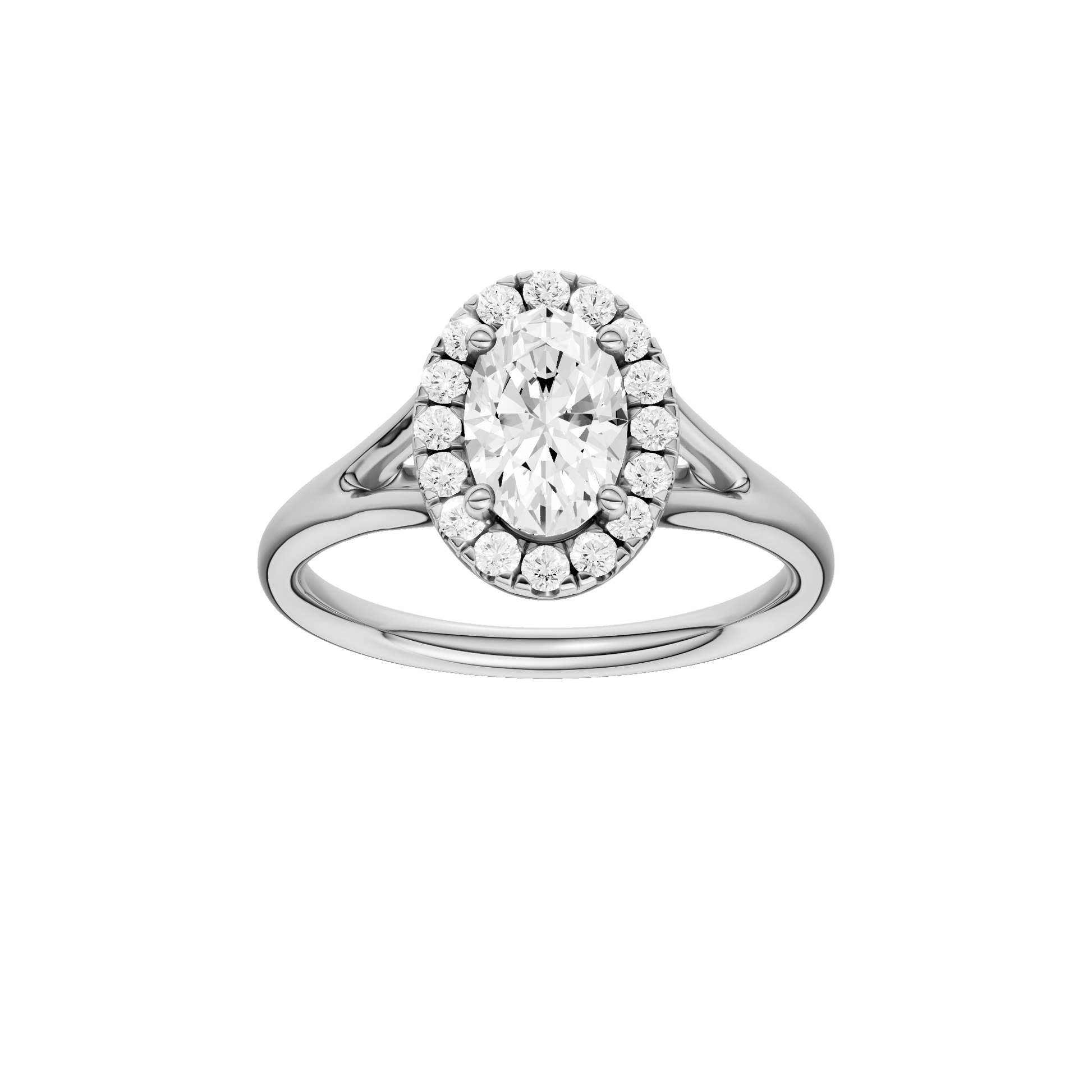 Oval-cut diamond engagement ring with a plain band and halo setting.